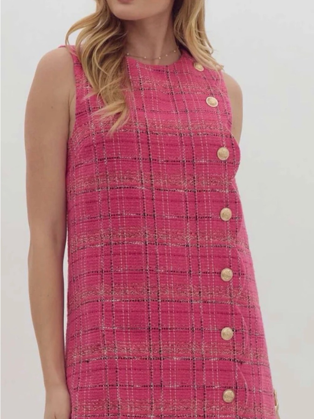 ENTRO Sleeveless Pink Tweed Shift Dress with Gold Buttons
